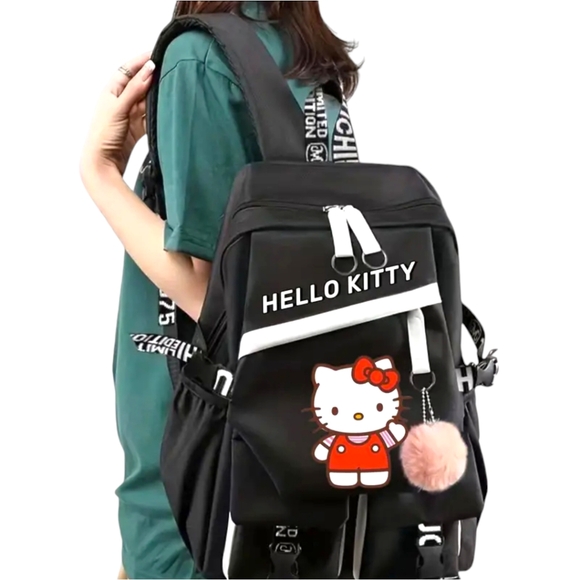 HELLO KITTY Limited Edition Large Black Backpack With Pink Pom Pom Keychain - Picture 4 of 7